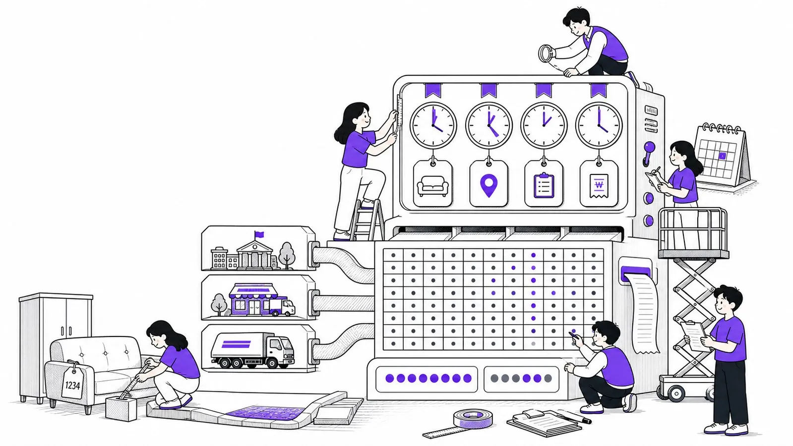 흰 배경에서 여섯 조사자가 강남·제주·수원의 신청·배출·수거·환불 네 시계와 품목·위치·번호 세 증표, 12×3 판정 원장을 맞추는 보라 포인트 편집 선화